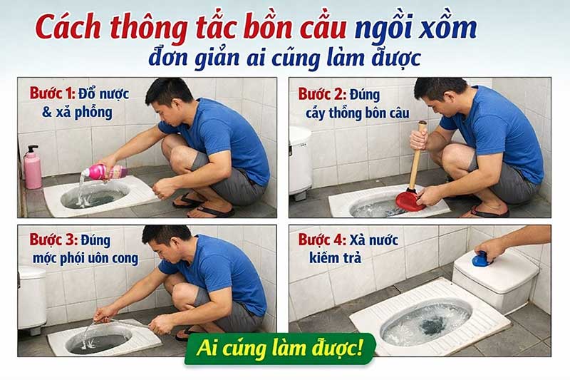 Cách thông tắc bồn cầu ngồi xổm đơn giản ai cũng làm được